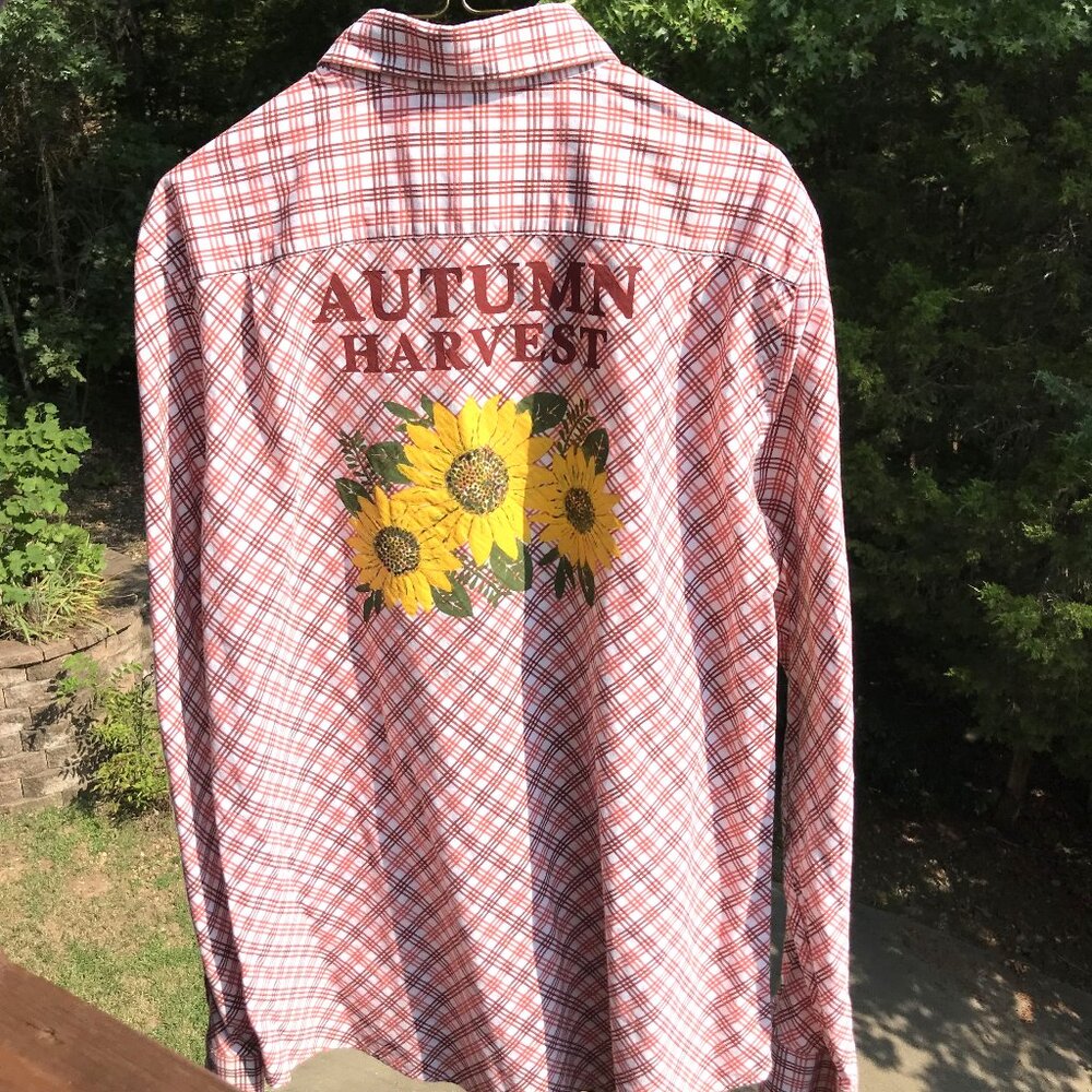 Painted Shirt Autumn Colors Upcycled, Fall Harvest Sunflowers Size Large Slim